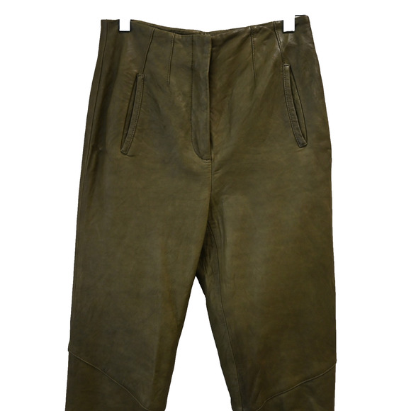 Veronica Beard Seth Moto Pants Size 2 Green Leather High Waist Ankle Zip Tapered - Picture 2 of 12